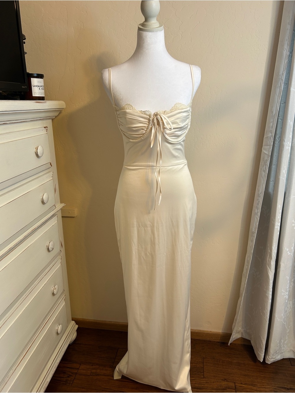 Cream Satin Maxi Dress Size Small Coquette Cottagecore Lace Trim Slip Dress